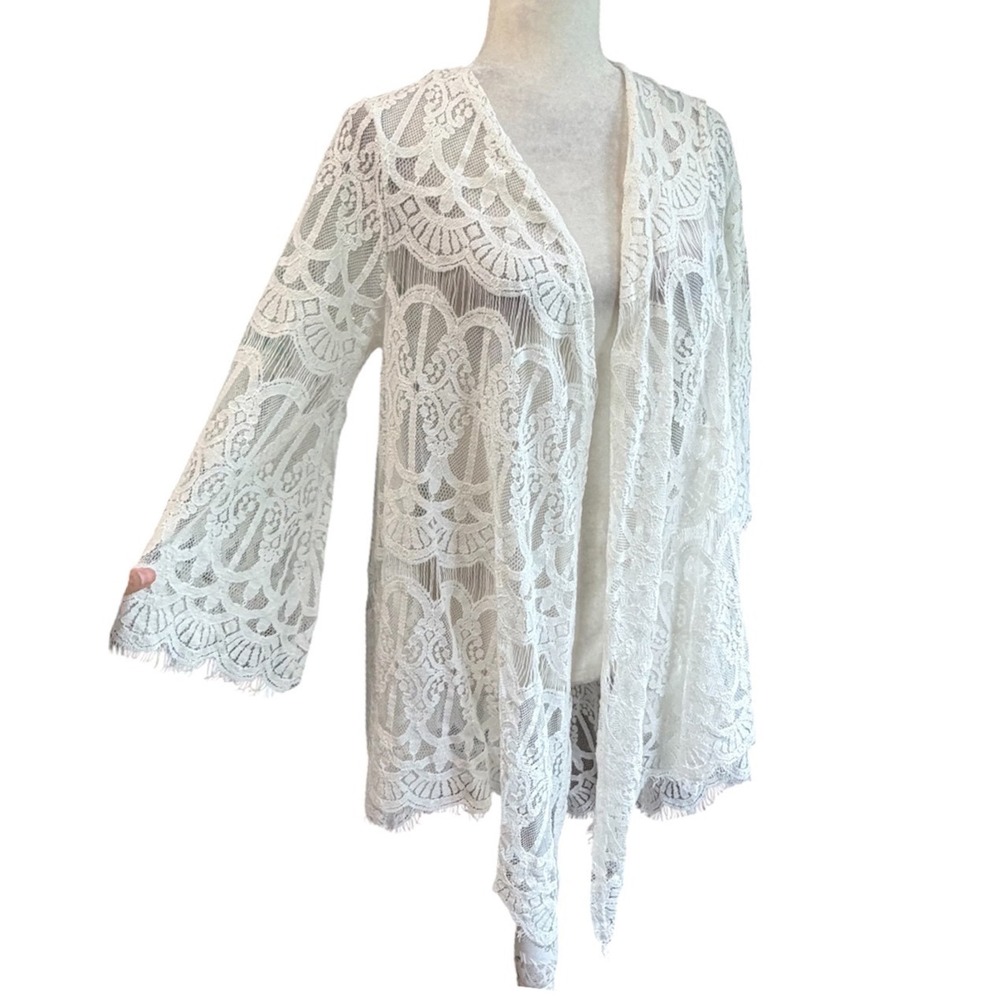 Womens M Kimono‎ M Floral Lace Boho Fringe Cardigan Cottagecore Festival Coverp